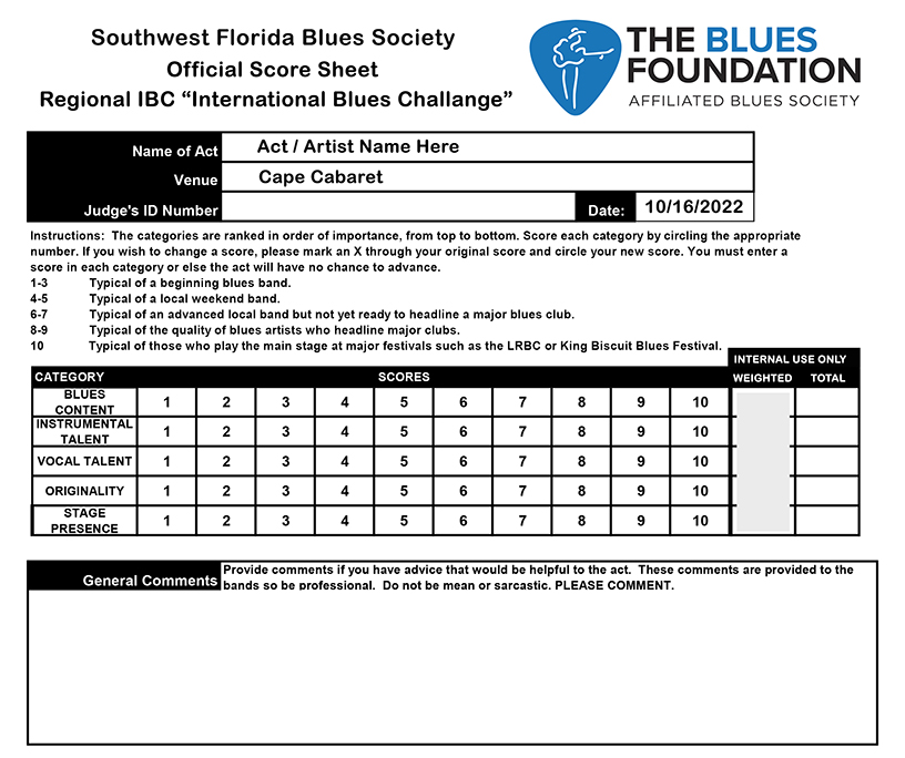 JUDGES SAMPLE SCORE CARD SOUTHWEST FLORIDA BLUES SOCIETY